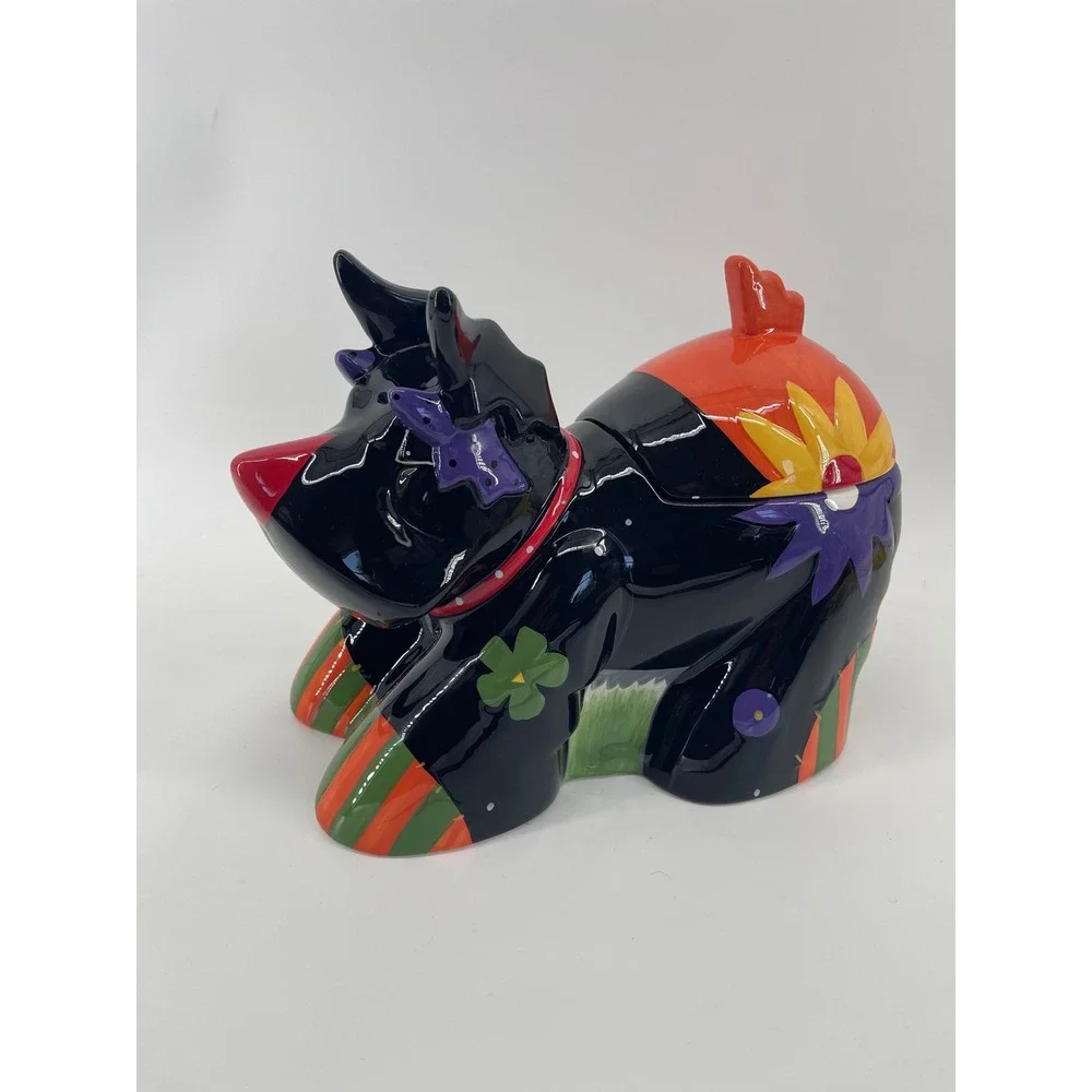 Vintage Scottie Dog Ceramic Cookie Jar Multi-Color Scottish Terrier Folk Art